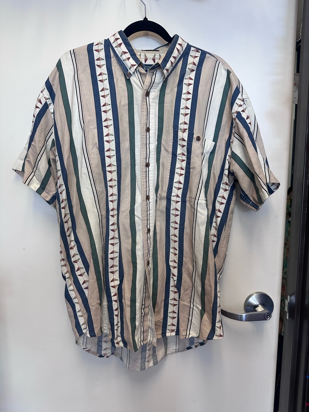Vintage Striped Short-Sleeve Button-Up Shirt in Cream, Blue & Green